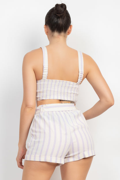 Tie Front Striped Crop Top & Belted Shorts Set