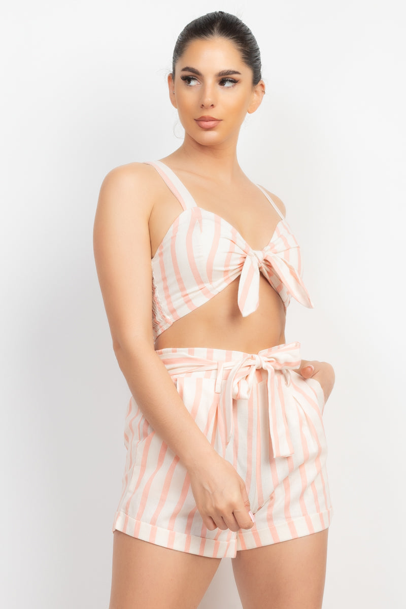 Tie Front Striped Crop Top & Belted Shorts Set