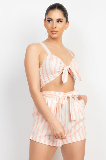 Tie Front Striped Crop Top & Belted Shorts Set