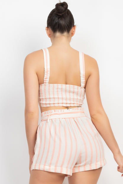 Tie Front Striped Crop Top & Belted Shorts Set