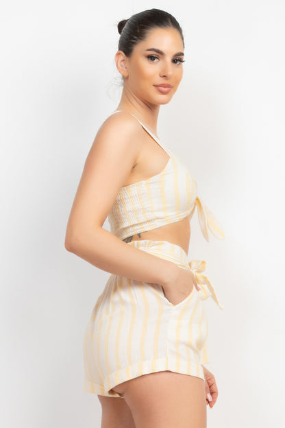 Tie Front Striped Crop Top & Belted Shorts Set