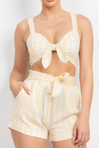 Tie Front Striped Crop Top & Belted Shorts Set