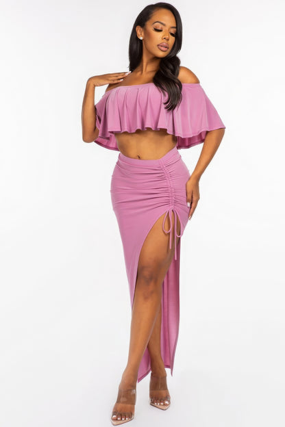 Ruffled Crop Top & Ruched Maxi Skirt Set