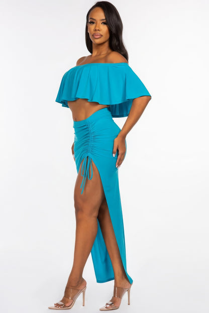 Ruffled Crop Top & Ruched Maxi Skirt Set