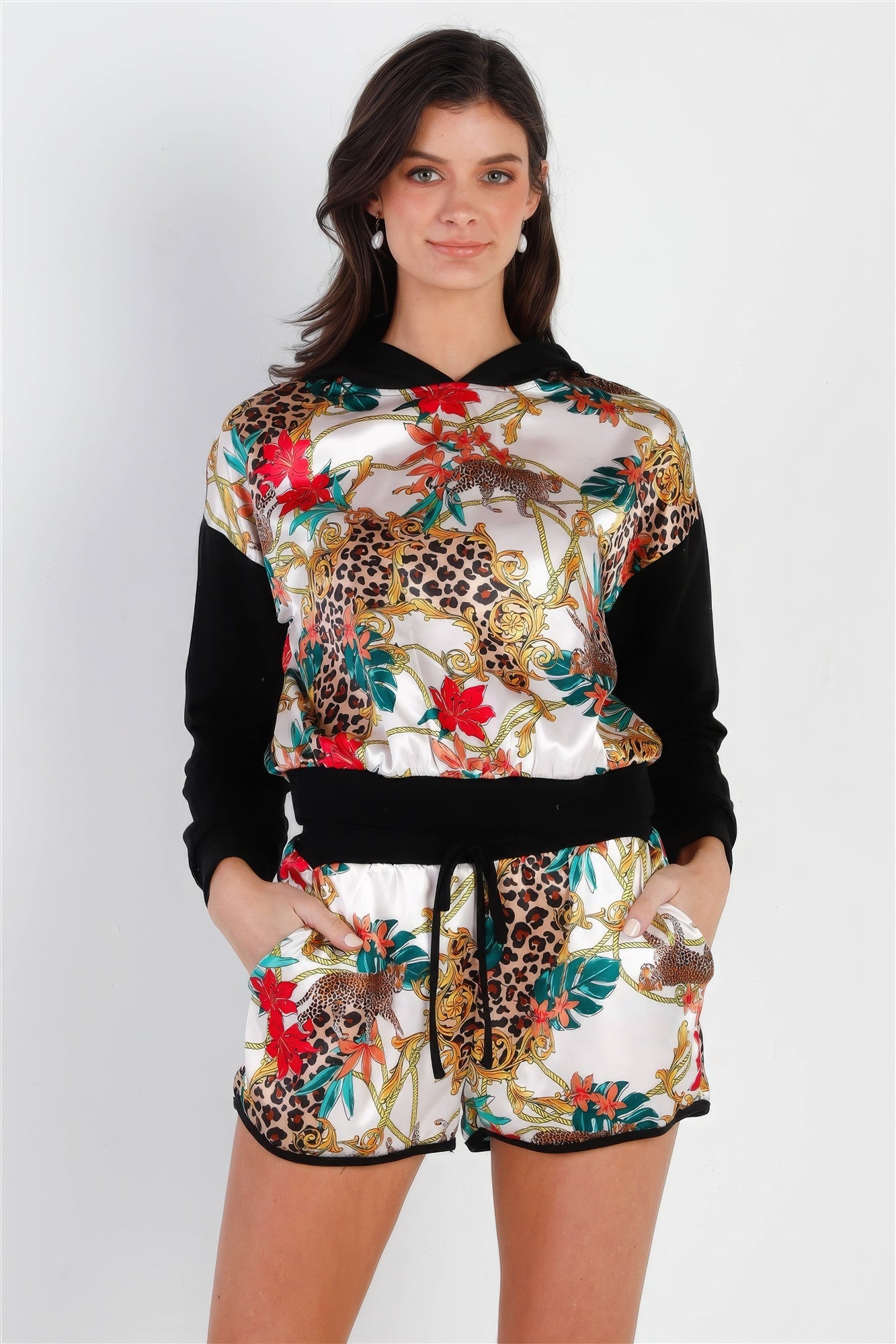 Satin Animal Print Hoodie Top & Shorts Set