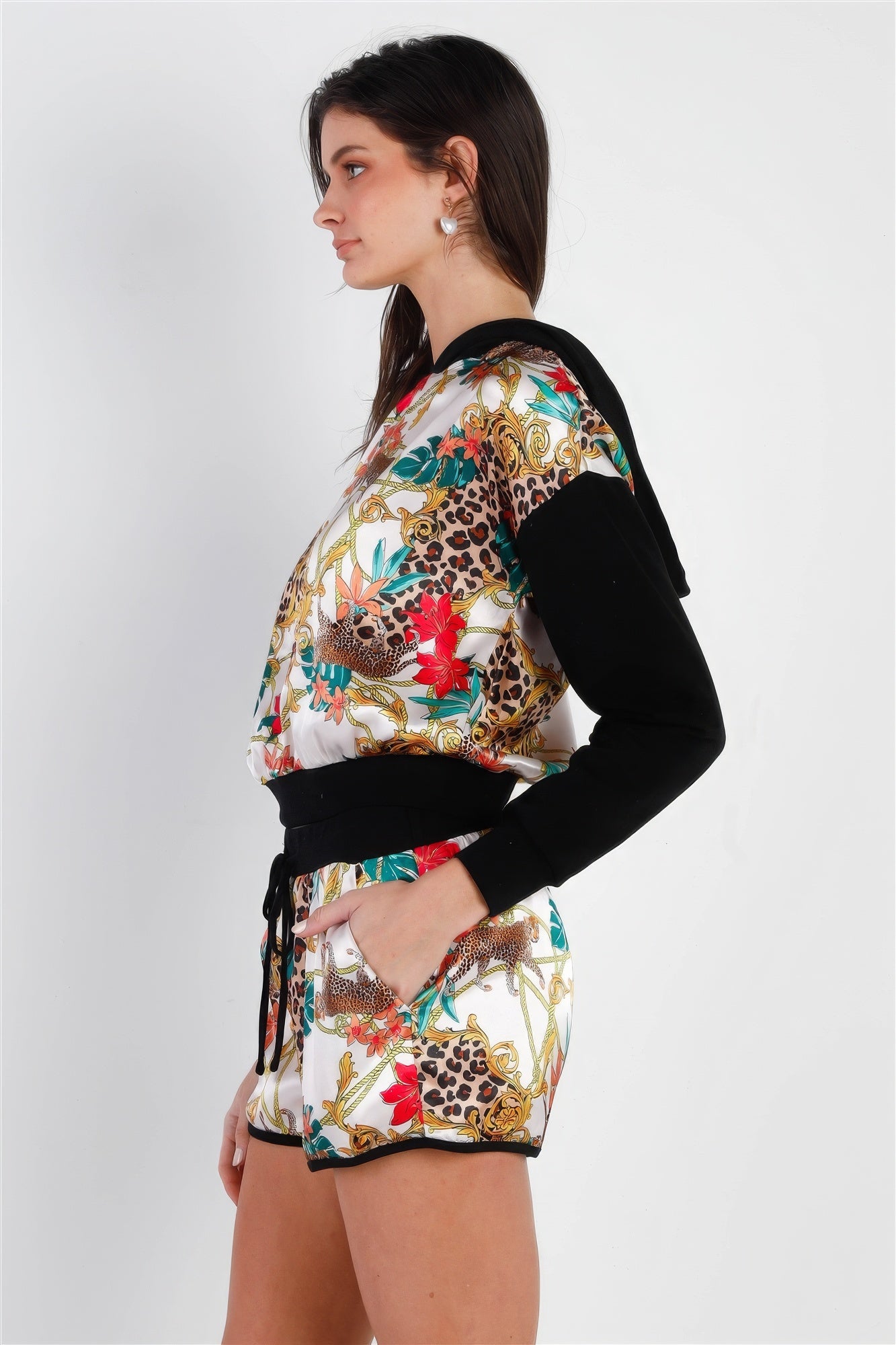 Satin Animal Print Hoodie Top & Shorts Set