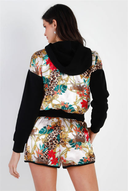 Satin Animal Print Hoodie Top & Shorts Set