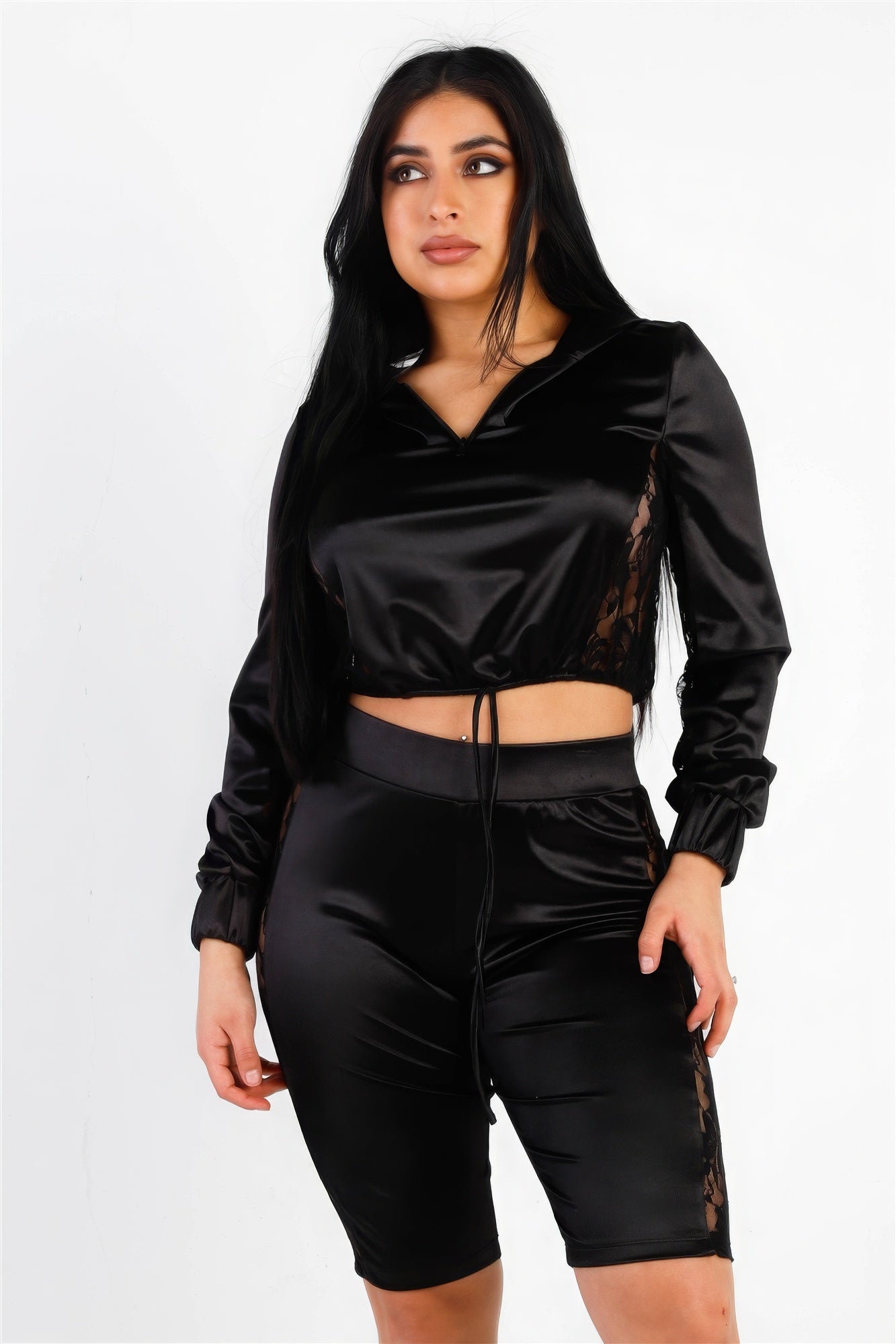 Satin Hoodie Crop Top & Biker Shorts Set