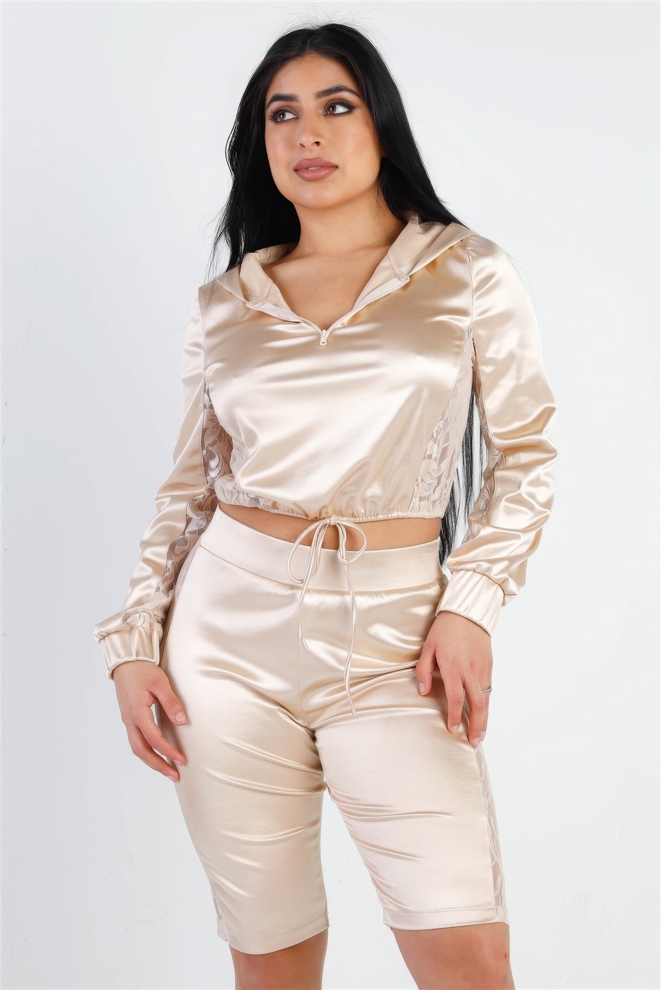 Satin Hoodie Crop Top & Biker Shorts Set