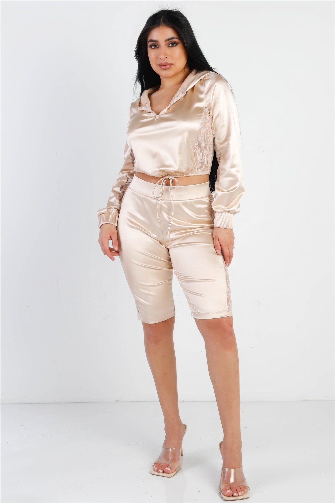 Satin Hoodie Crop Top & Biker Shorts Set