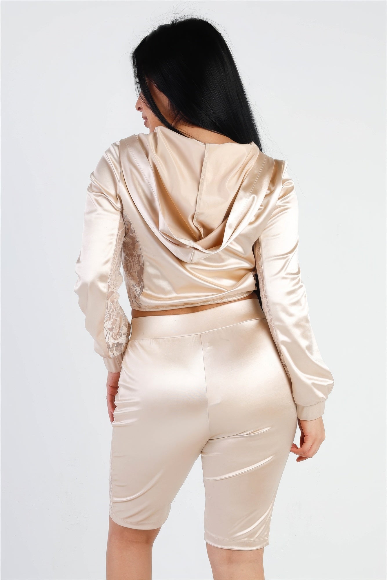 Satin Hoodie Crop Top & Biker Shorts Set