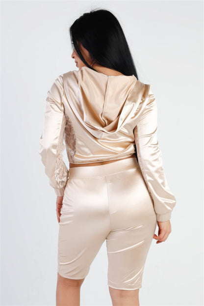 Satin Hoodie Crop Top & Biker Shorts Set