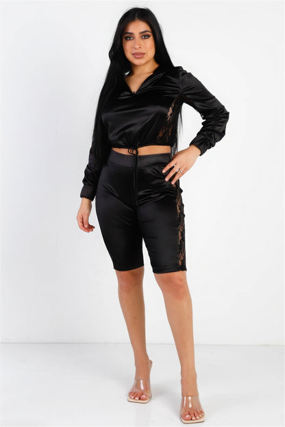 Satin Hoodie Crop Top & Biker Shorts Set