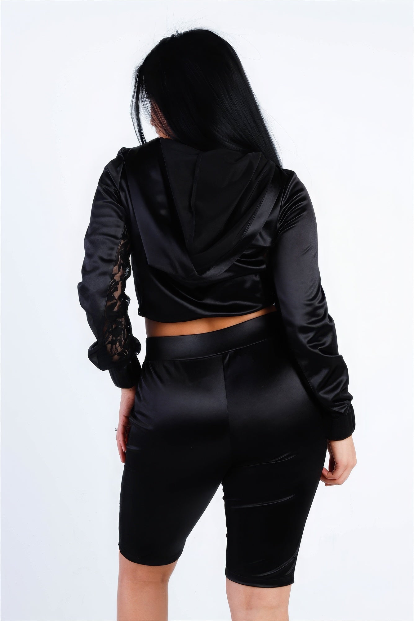 Satin Hoodie Crop Top & Biker Shorts Set