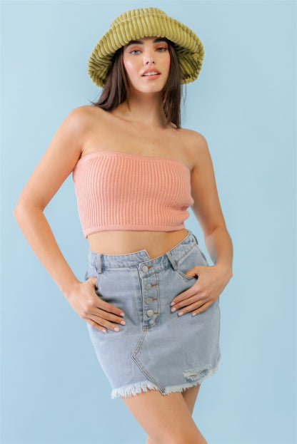 Peach Knit Strapless Crop Top