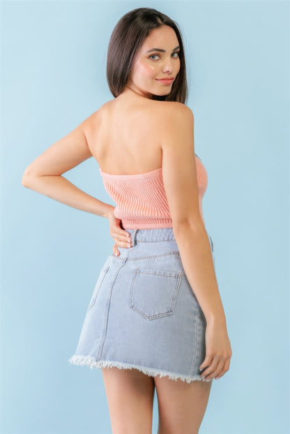Peach Knit Strapless Crop Top