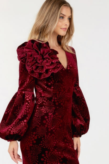 Flower Velvet Puff Sleeves Midi Dress