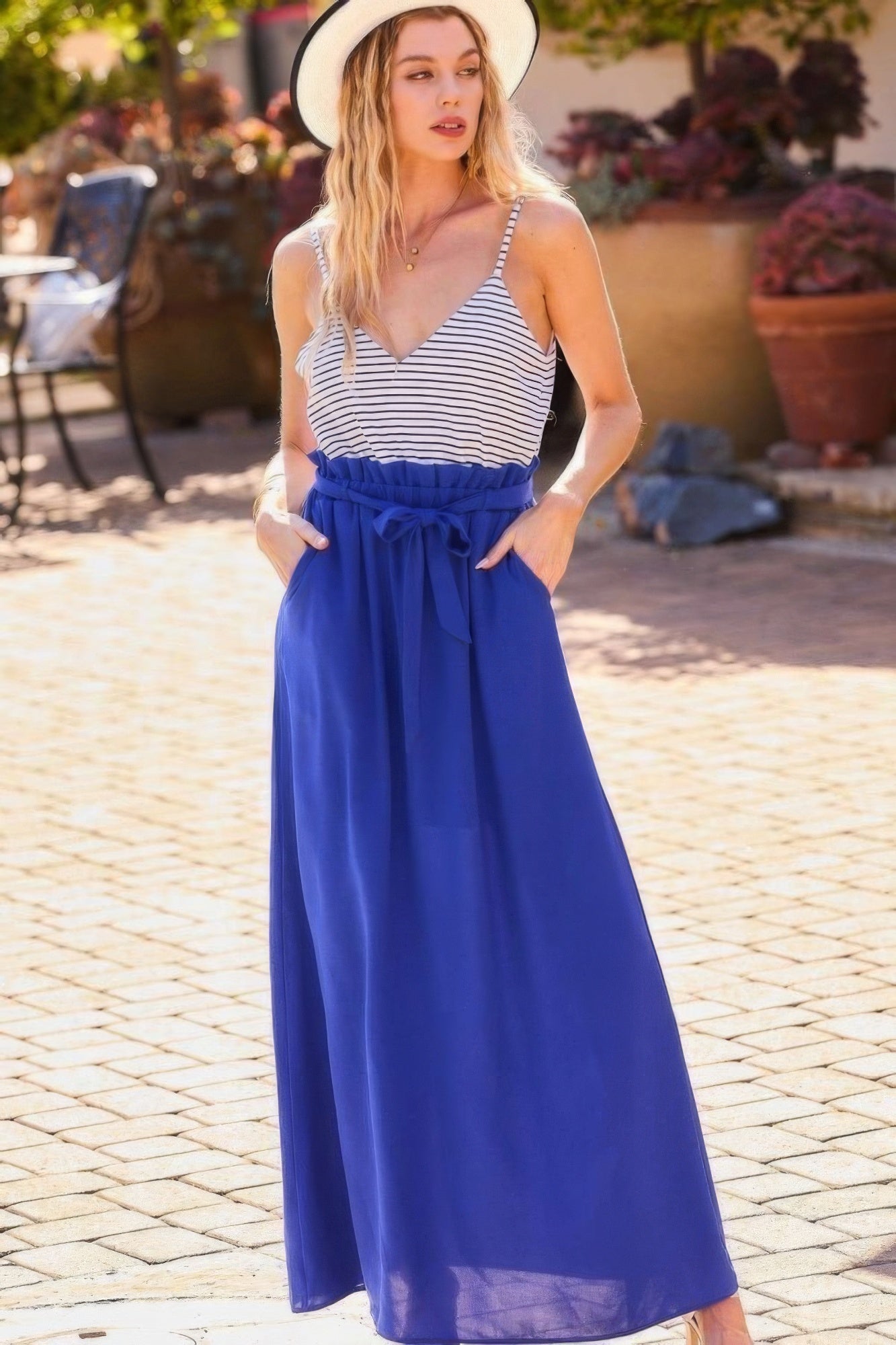 Striped Print Cami Sol Top Hi-waist Skirt Side Pocket Maxi Dress