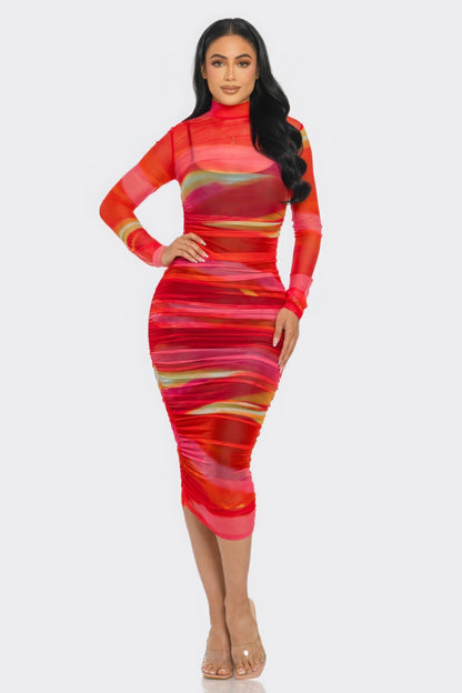 Printed Mesh Ruched Midi Dress