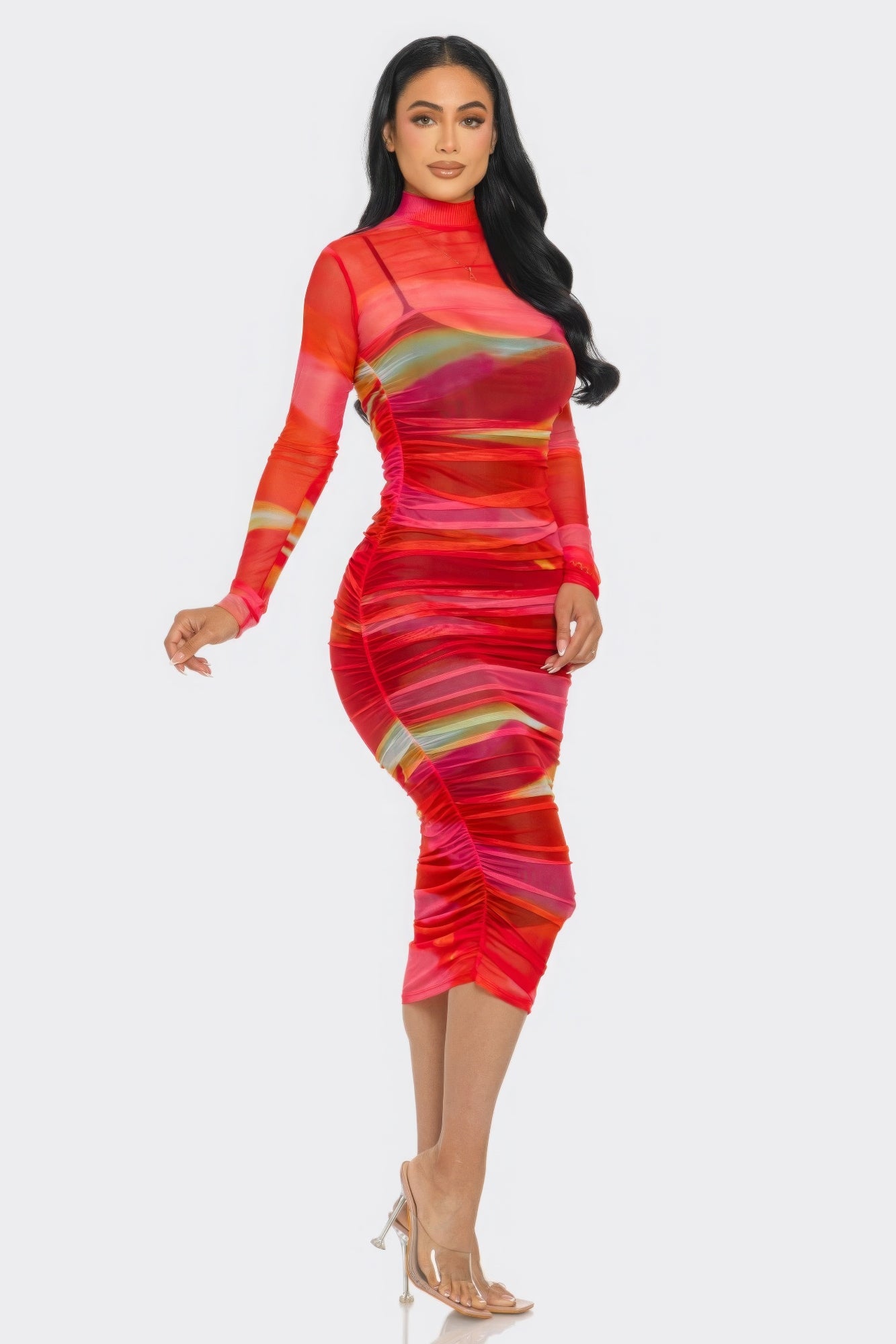 Printed Mesh Ruched Midi Dress