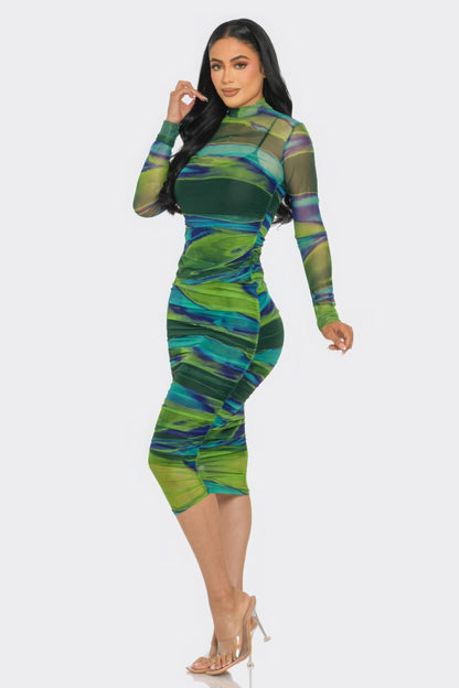 Printed Mesh Ruched Midi Dress