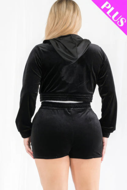 Plus Size Velour Crop Hoodie & Shorts Set