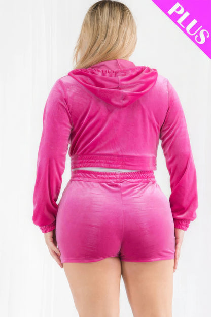 Plus Size Velour Crop Hoodie & Shorts Set