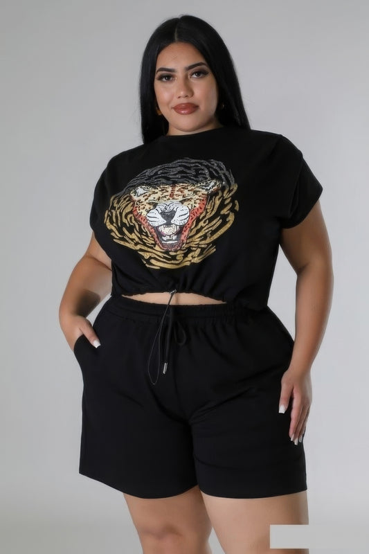 Plus Size Rhinestone Graphic Top & Short Set