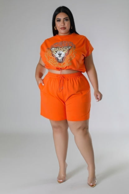Plus Size Rhinestone Graphic Top & Short Set