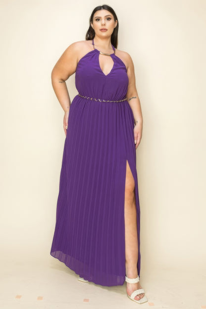 Plus Size Gold Trim Neck & Belt Maxi Dress