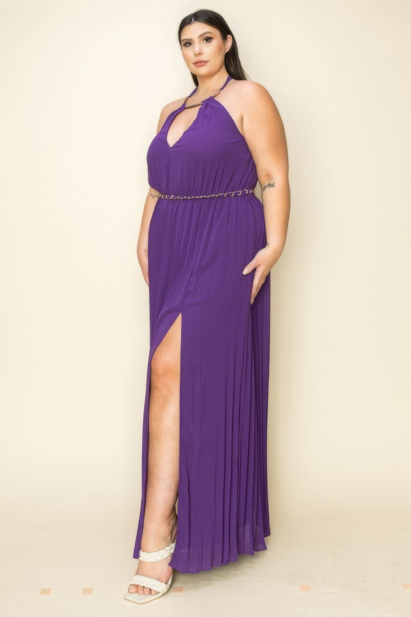 Plus Size Gold Trim Neck & Belt Maxi Dress