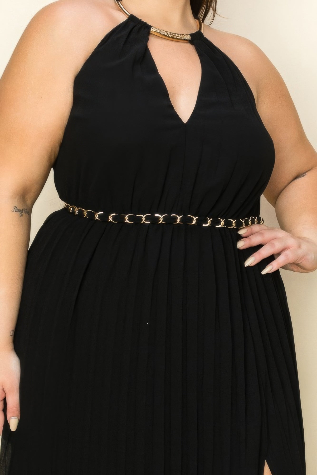 Plus Size Gold Trim Neck & Belt Maxi Dress