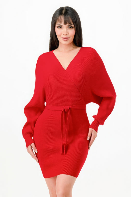 Belted Ribbed Sweather Dress