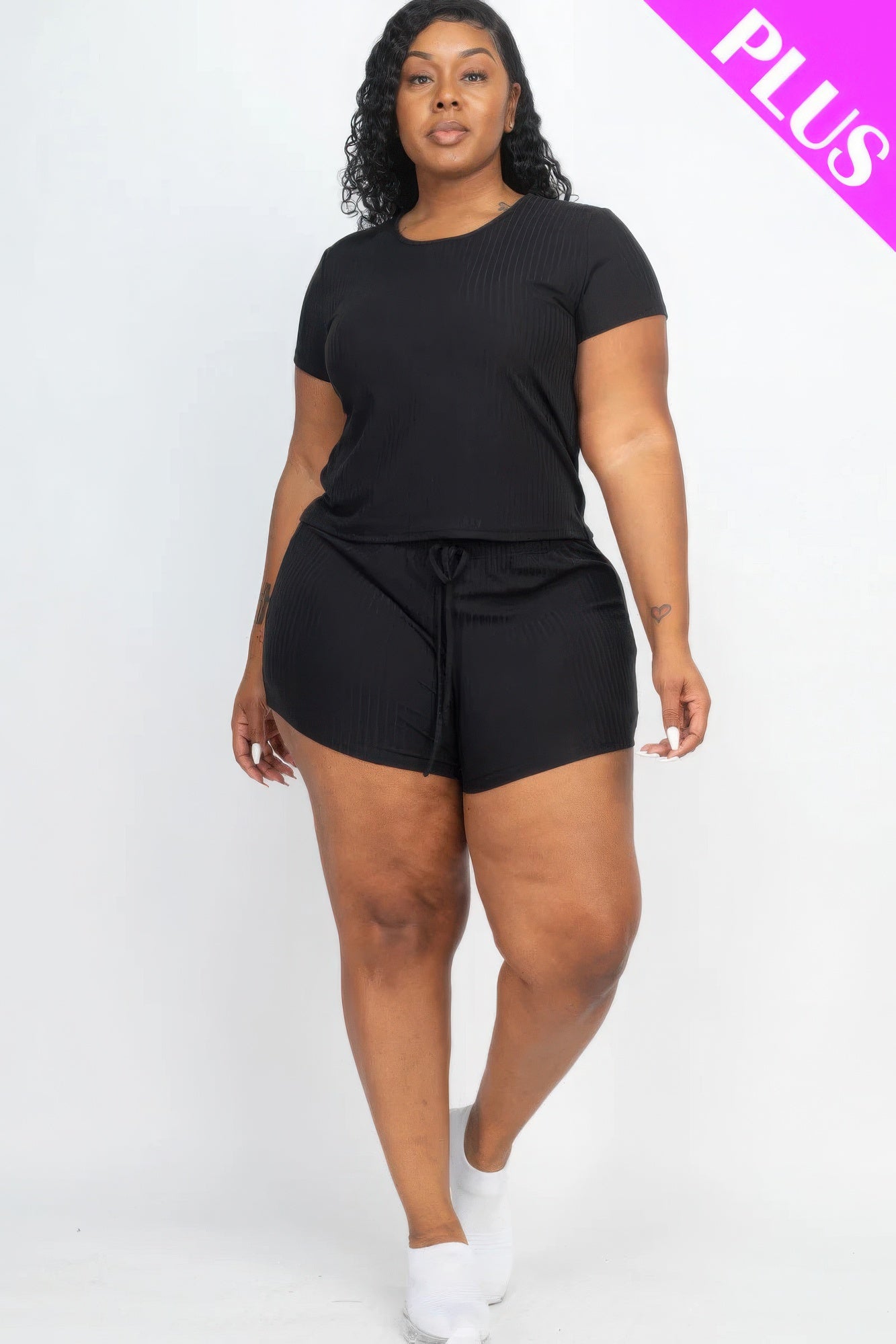 Plus Size Ribbed Short Sleeve Top & Shorts Set