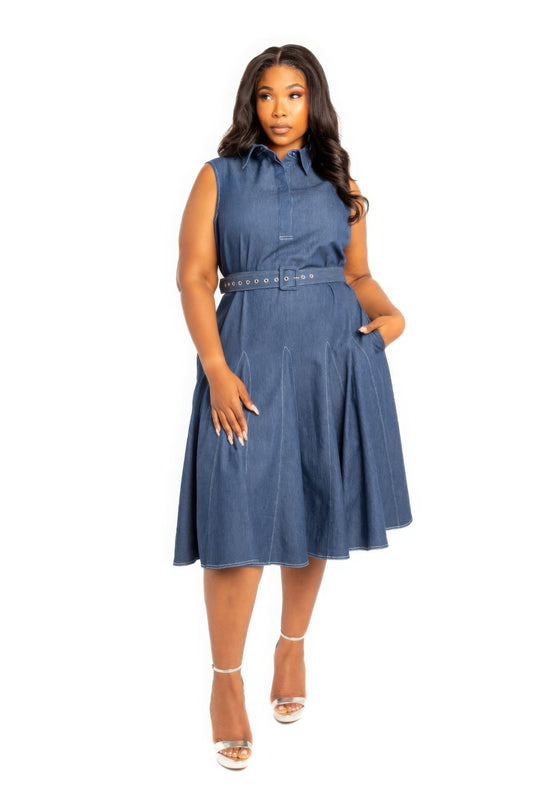 Plus Size Denim Belted Shirt Dress