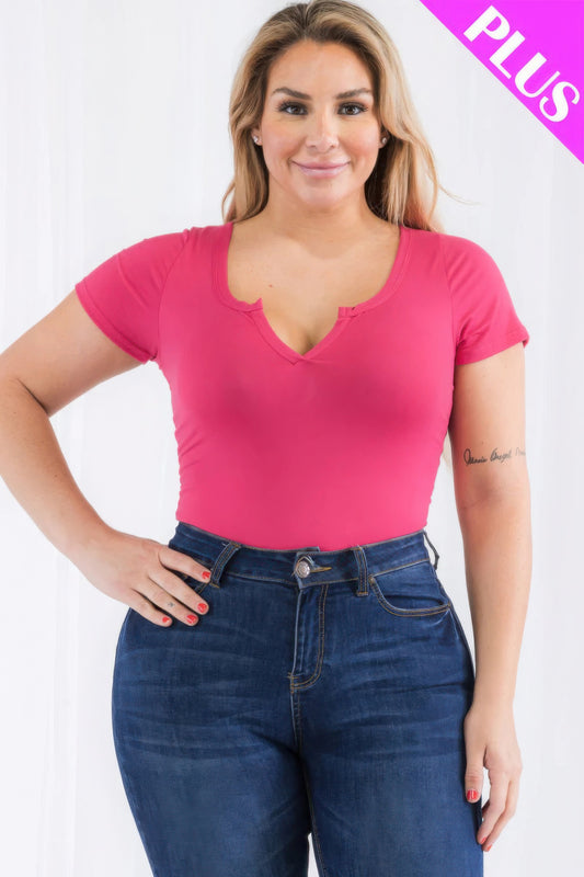 Plus Size Split Neck Short Sleeve Bodysuit