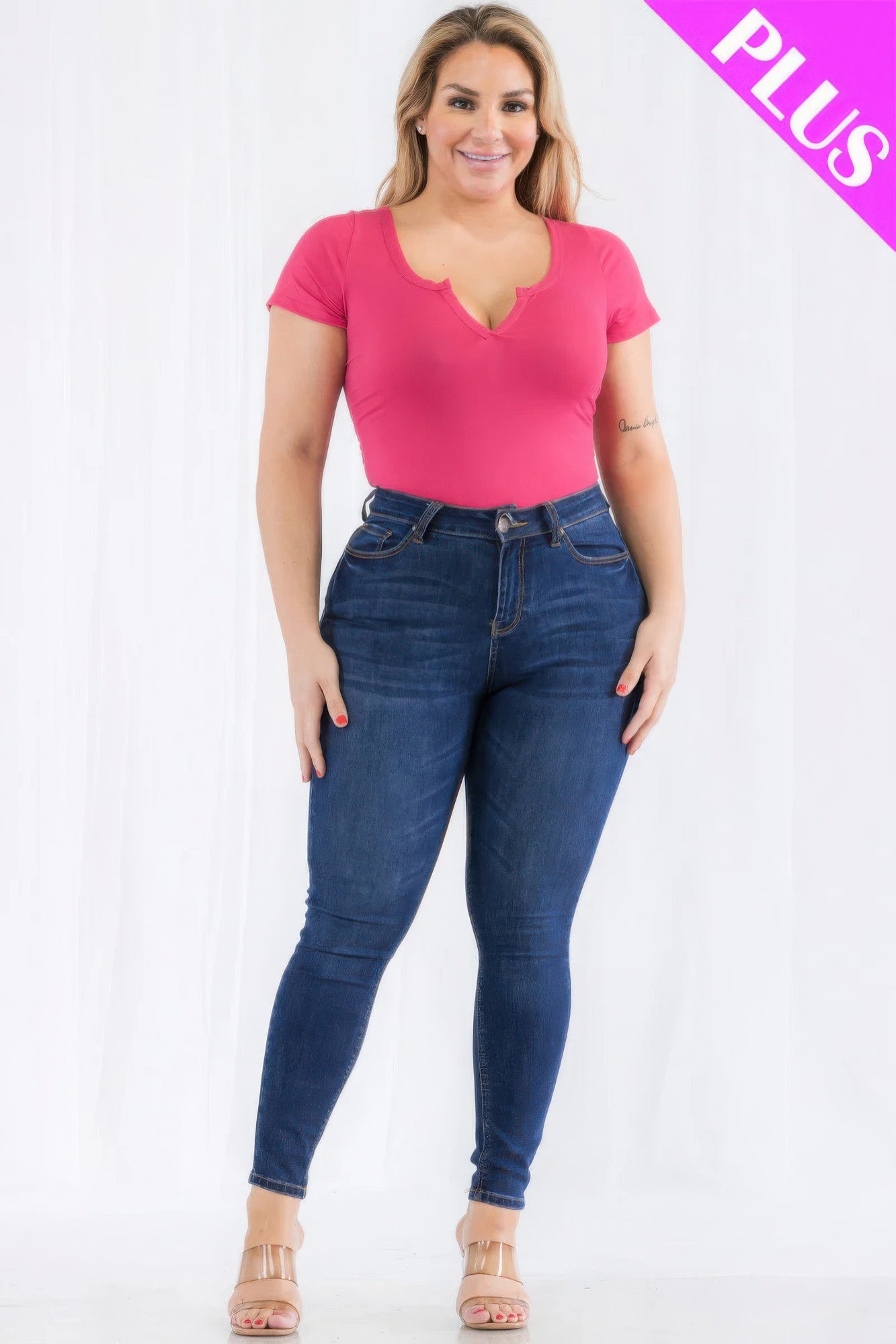 Plus Size Split Neck Short Sleeve Bodysuit