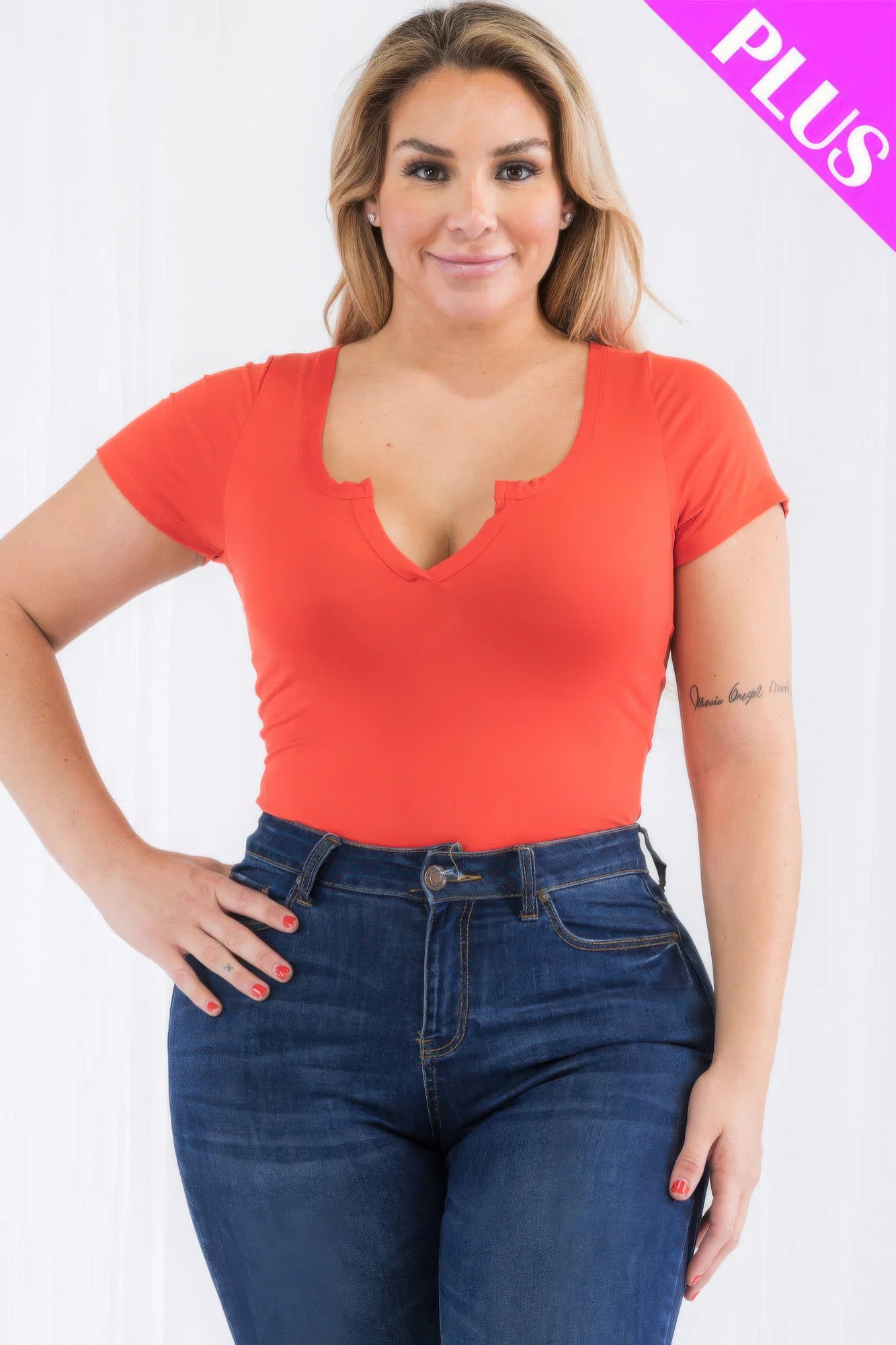 Plus Size Split Neck Short Sleeve Bodysuit