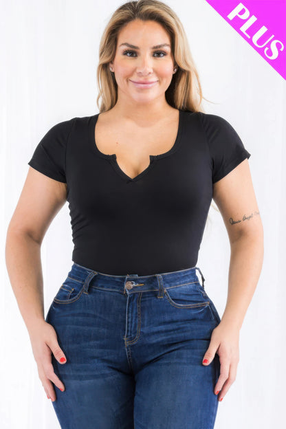 Plus Size Split Neck Short Sleeve Bodysuit