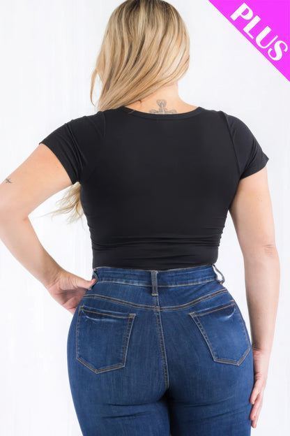 Plus Size Split Neck Short Sleeve Bodysuit