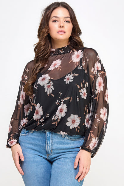 Plus Size Mesh Floral Long Sleeve Top