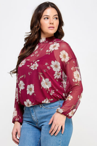 Plus Size Mesh Floral Long Sleeve Top