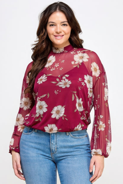 Plus Size Mesh Floral Long Sleeve Top
