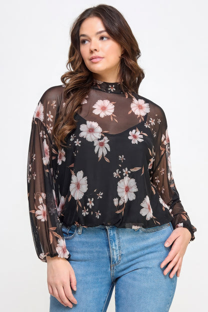 Plus Size Mesh Floral Long Sleeve Top