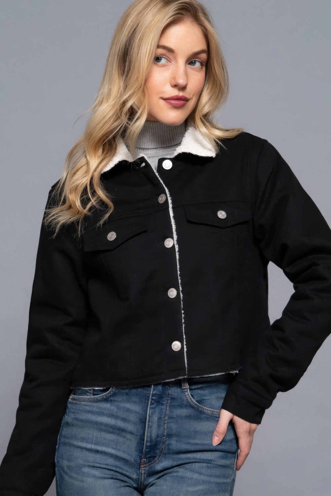 Sherpa Button Closure Twill Jacket