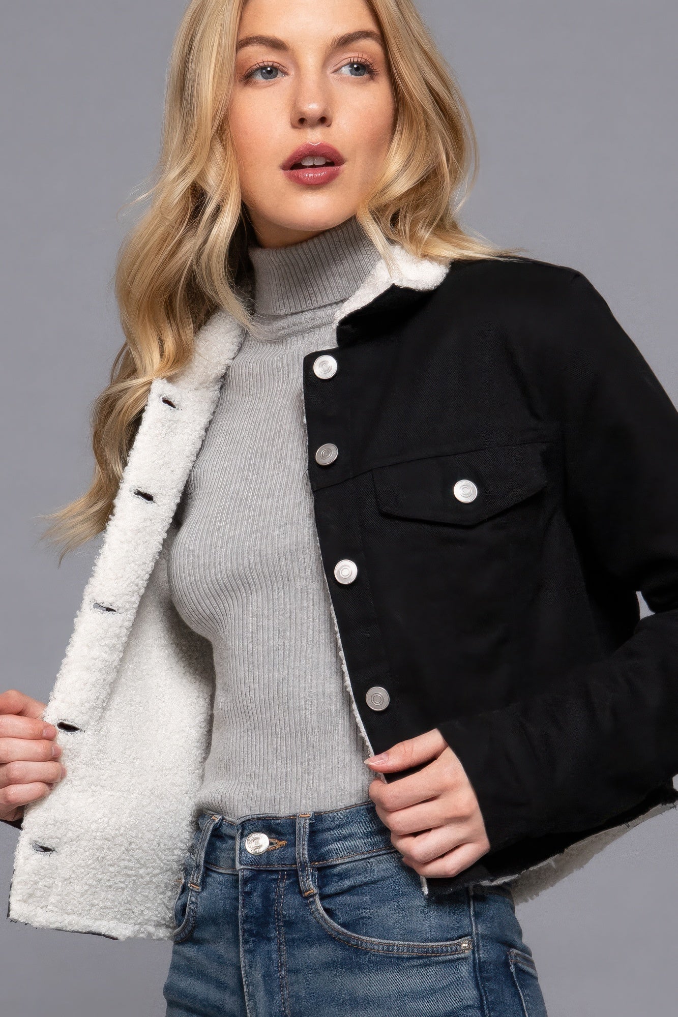 Sherpa Button Closure Twill Jacket