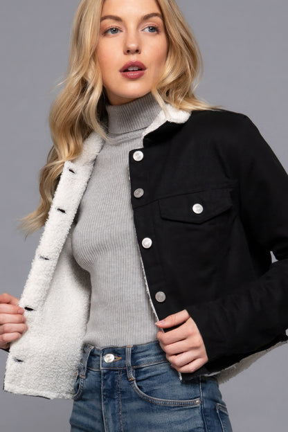 Sherpa Button Closure Twill Jacket