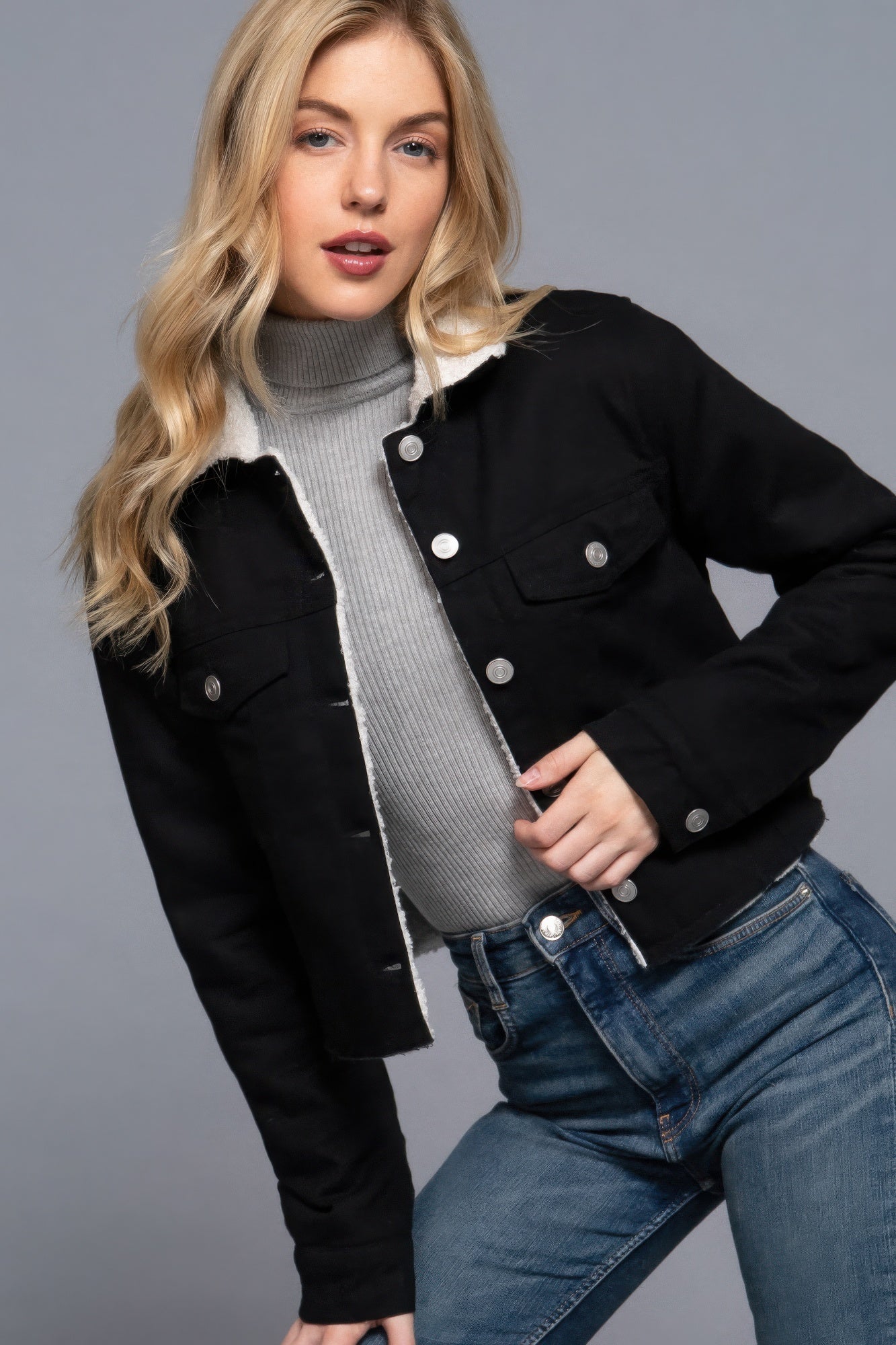 Sherpa Button Closure Twill Jacket