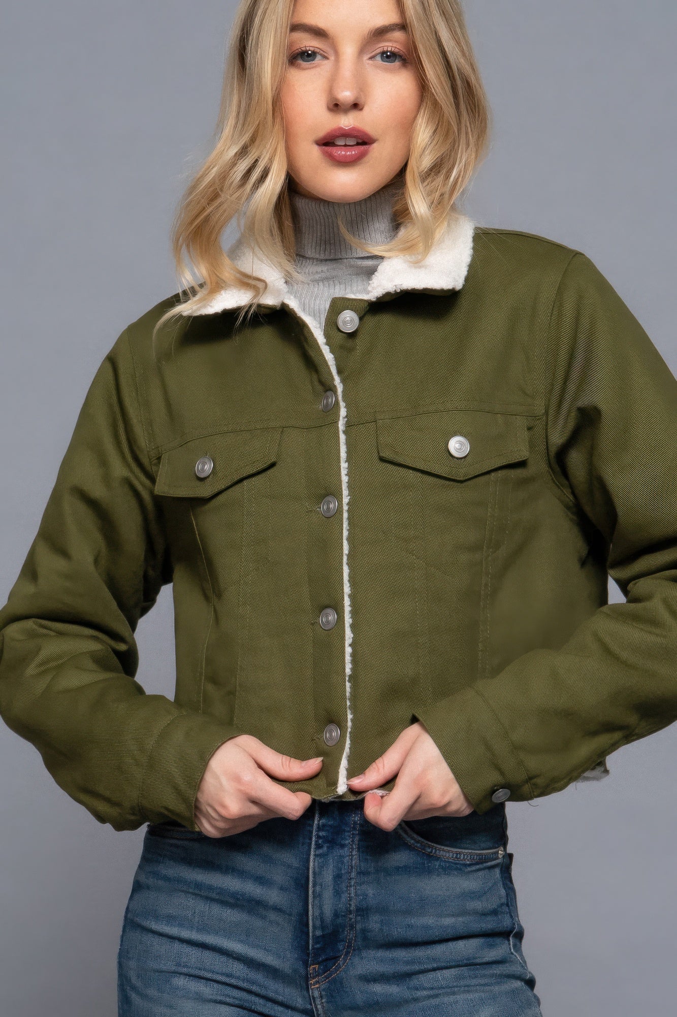 Sherpa Button Closure Twill Jacket
