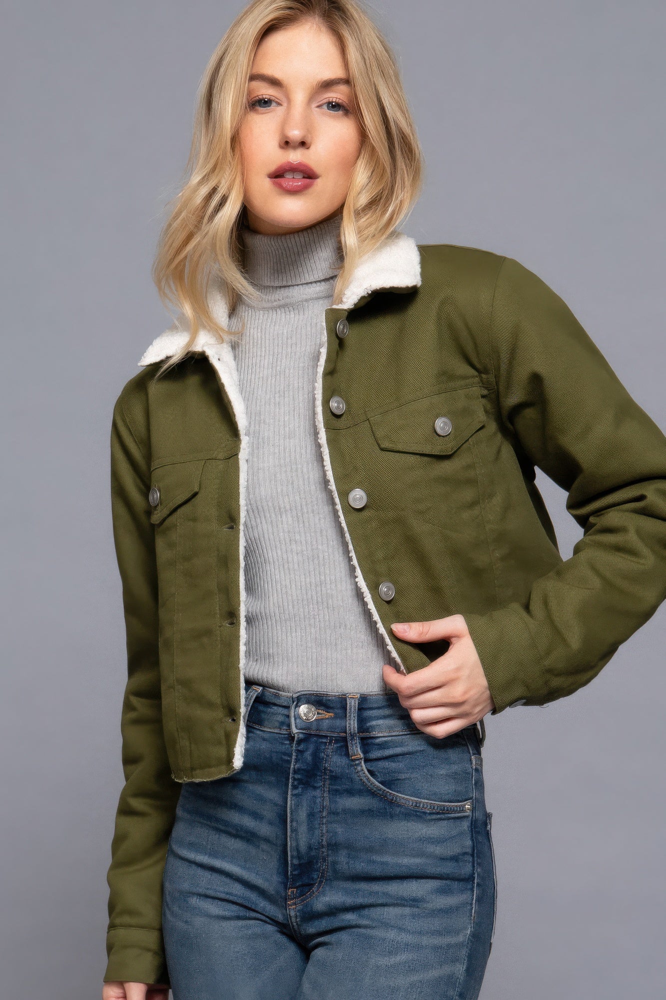 Sherpa Button Closure Twill Jacket